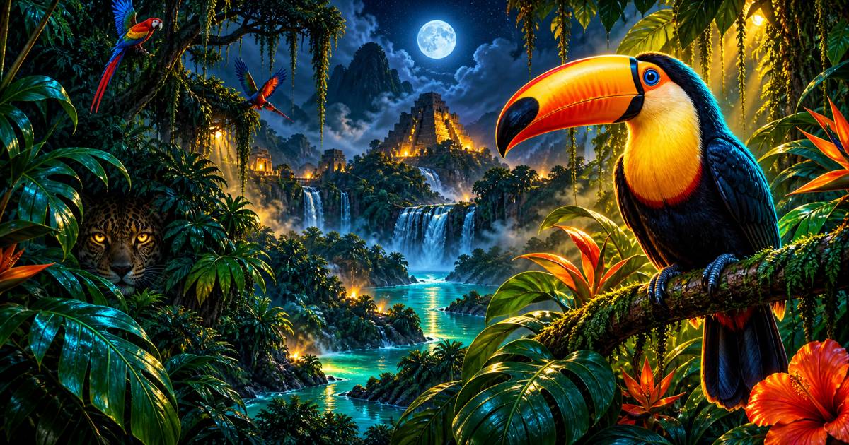Tucán de colores posado entre hojas de selva con luz dorada